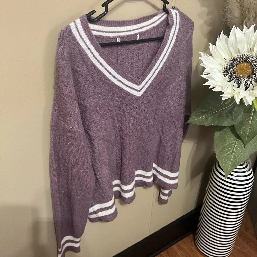 V-Neck Purple Sweater with White Accents